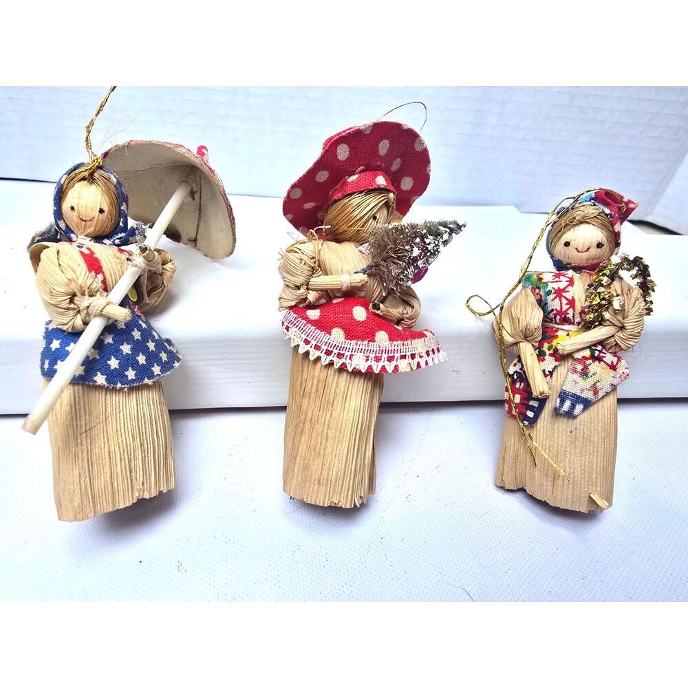 Vintage Cornhusk Dolls Handmade Lot X 3 Hanging Folk Art Figurines